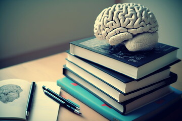 pile de livres de cours avec un cerveau humain posé dessus pour symboliser la connaissance - illustration IA