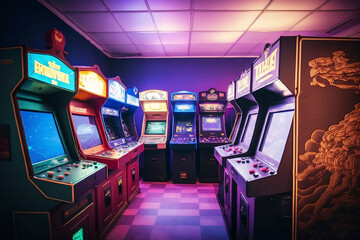 salle remplie de borne d'arcade, années 80 - 90 - illustration ia