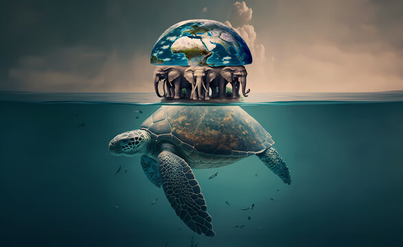 Mythology theory structure of world. Turtle carrying elephants that carries Earth upon their backs. Generation AI