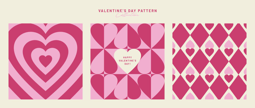 Set of Valentine's Day Seamless Pattern. Love and heart. Pretty chic background. Retro style. Celebration poster, Wedding invitation, Mother's day. Romantic simple shape. Trendy vector illustration.
