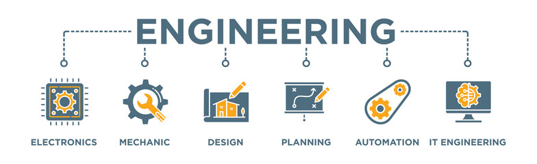Engineering banner web icon vector illustration concept with icon of electronics, mechanic, design, planning, automation and it engineering