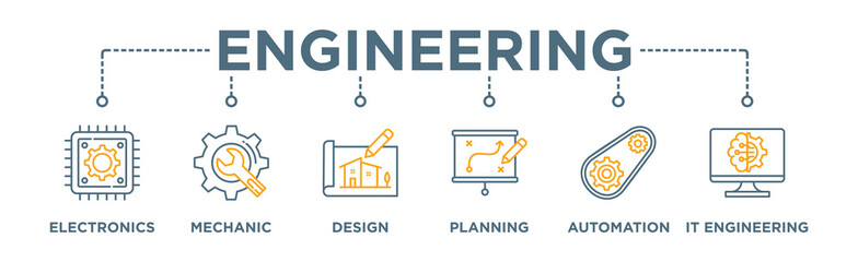Engineering banner web icon vector illustration concept with icon of electronics, mechanic, design, planning, automation and it engineering
