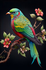 Colorful bird on a branch isolated on black background.  Generative AI