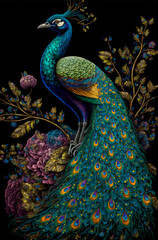 Beautiful peacock on a black background. Illustration for your design. Generative AI