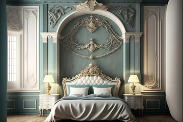 Fotobehang royal luxury royal palace with bed, decoration, vintage, antique, wood, generative ai © WangFu