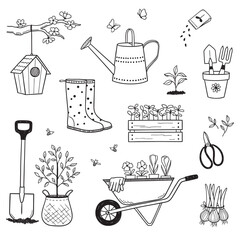 Set of spring gardening design elements in doodle style - obrazy, fototapety, plakaty