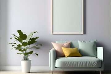 ミニマリスト ウォール アート モックアップ、ジェネレーティブ ai、ソファと家具のあるインテリア ルーム、空のポスター フレーム テンプレート, generative ai