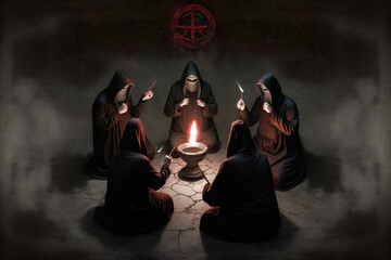 evil cult members performing secret dark rituals