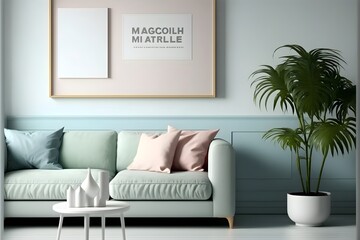 Minimalistisches Wandkunstmodell, generative ai, Innenraum mit Sofa und Möbeln, leere Plakatrahmenvorlage