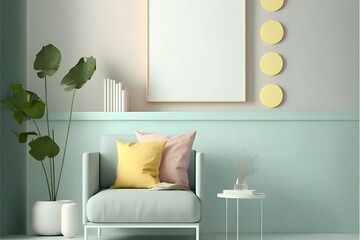 Minimalistisches Wandkunstmodell, generative ai, Innenraum mit Sofa und Möbeln, leere Plakatrahmenvorlage