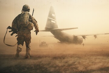 Soldier running between smoke in battle field	
