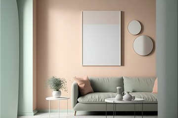 Fototapeta na wymiar Minimalist Wall Art mockup, generative ai, interior room with sofa and furniture, empty poster frame template