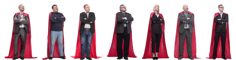 group of people in red raincoat isolated on white