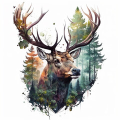 Deer. Watercolor illustration. White background. Generative AI.