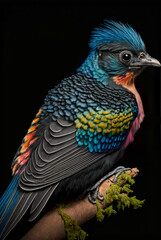 3D rendering of a beautiful bird sitting on a branch with flowers. Generative AI