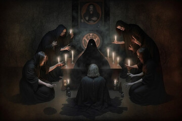 evil cult members performing secret dark rituals
