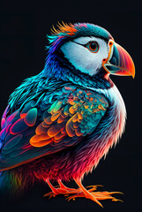 Obraz premium Colorful puffin on black background. Colorful bird illustration. Generative AI