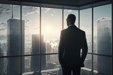 Fototapeta premium a business man stands in front of a huge window on the top floor of a skyscraper and looks at the morning sunny city