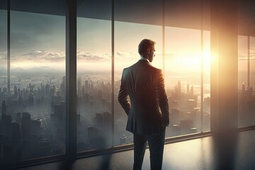 Fototapeta na wymiar a business man stands in front of a huge window on the top floor of a skyscraper and looks at the morning sunny city