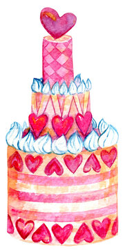 Valentines day tall cake with hearts and pink cream 600 dpi PNG watercolor illustration, isolated image with transparent background, wedding, birthday card invitations graphic resources, love   