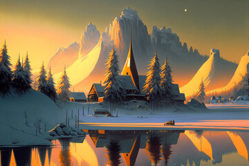 Winter snow cabin mountain lake pine tree