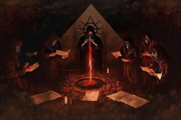 evil cult members performing secret dark rituals