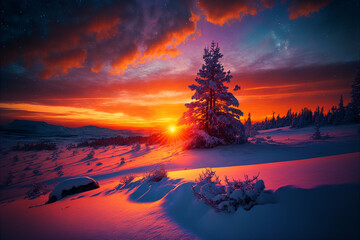 Winter morning sunrise snow pine tree