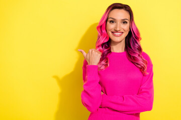 Photo of positive lady point empty space demonstrate haircare treatment promotion isolated shine color background