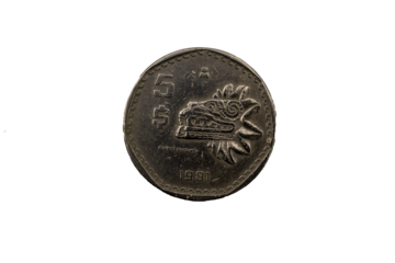 Moneda mexicana de 5 pesos con la cabeza de Quetzalcoatl 1981