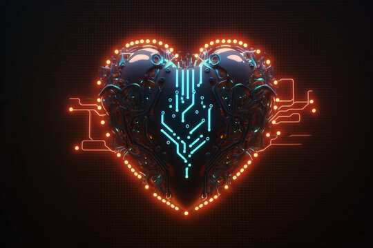 beautiful cybernetic digital metallic neon glowing fantastic heart in space new quality universal colorful joyful valentines day technology holiday stock image illustration design