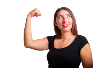 A young woman shows her biceps and looks to the side, concept of women's empowerment, cut out image
