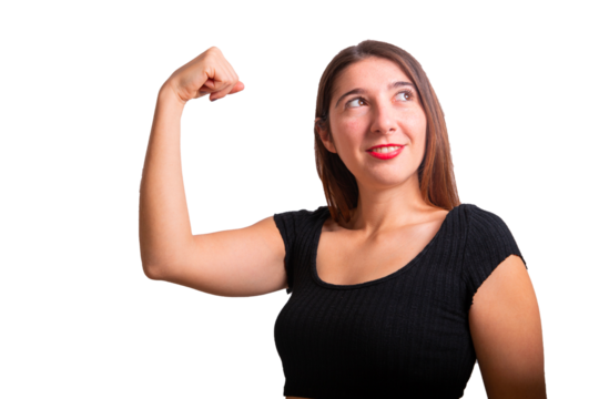 A young woman shows her biceps and looks to the side, concept of women's empowerment, cut out image