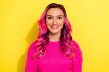Fototapeta premium Portrait of positive millennial lady toothy smile shooting beauty blog live stream isolated on bright color background