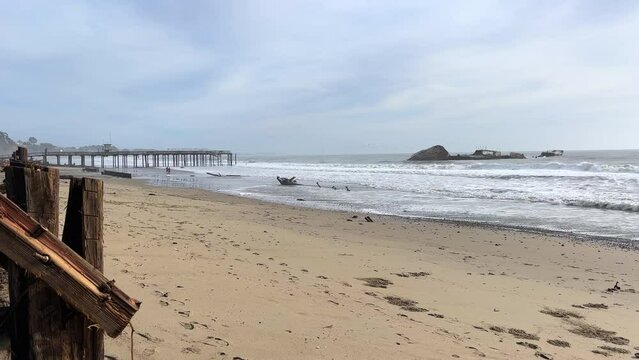 Sunken Ship At The End Of Seacliff Pier In Aptos, California, USA. wide