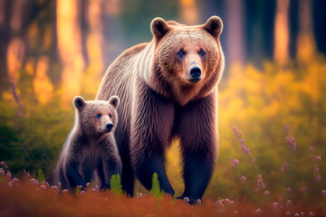 Beautiful female bear with a bear cub in the taiga Generative AI