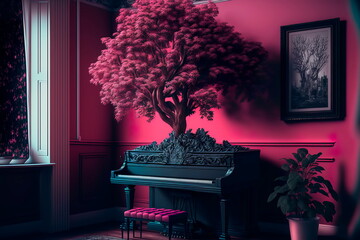 Piano inside the living room classic pink tree decor Generative AI