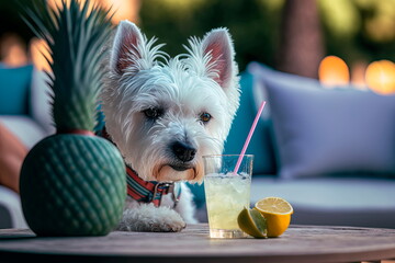 West highland white terrier on summer vacation with cocktail  Generative AI - obrazy, fototapety, plakaty
