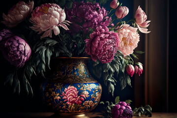 Large beautiful bouquet of peony flowers vase on the table  Generative AI