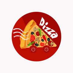 Pizza-car. Illustration logotype for restaurant pizzeria in the form of a piece of pizza  on wheels. Pizza delivery logo. 
