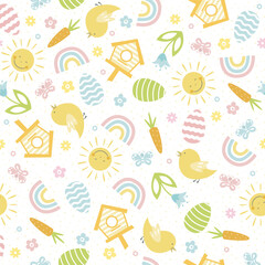 Easter seamless pattern with bird, flowers, holiday eggs. Perfect for wallpaper, gift paper, web page background and Easter greeting cards