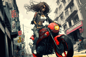 Generative AI illustration of Sexy young girl riding a motorbike