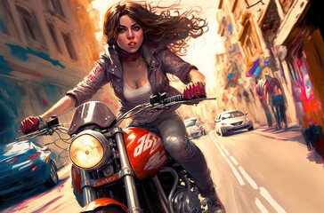 Obraz na płótnie Canvas Generative AI illustration of Sexy young girl riding a motorbike