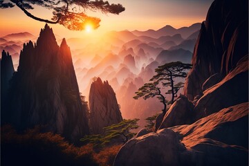 Scenic Sunrise in the early morning in the mountains, 8k, aesthetic wallpaper, bright sun, beautiful view, high in the mountains, great start to the day, fog, nature, fresh air, environment.AI