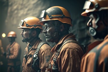 High resolution group of miners, 8k, orange uniform, workers, health, safety, earnings, diligence, strength, courage, danger, bowels of the earth, mine, resources, minerals, full readiness, team. AI