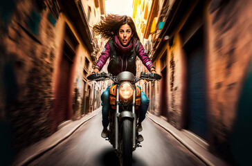 Fototapeta na wymiar Generative AI illustration of Sexy young girl riding a motorbike