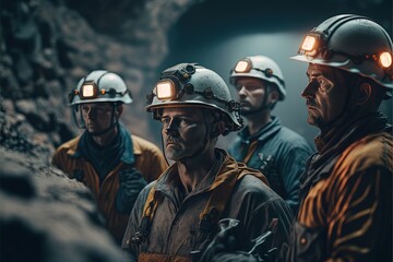 Fototapeta premium High resolution illustration with a group of miners in a mine, safety helmets, uniforms, equipment, lanterns, polluted air, hazardous hazardous work, 8k, air emissions, minerals. AI