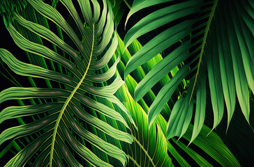 Obraz na płótnie Canvas Generative AI background illustration Colorful tropical palm leaves