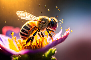 Naklejka premium Generative AI illustration of Flying honey bee collecting pollen