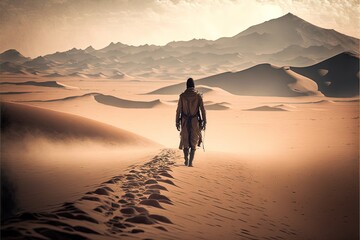 Fototapeta na wymiar Lonely wanderer in the endless desert, high resolution, 8k, stylish wallpaper. poster, danger, heat, landscape against mountains of sand,dune,fashion guy,explore the world, adventure, warm colors.AI