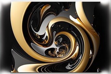 Abstract swirl of glossy black and gold matter, illustration in 8k, marble, paint, color, gold, artistic, shadow, tile, shape, granite, ink, glitter, modern, minimalism, stone, splash. AI